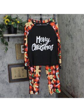 NWT cheibear Long Sleeve Merry Christmas Holiday Pajama Lounge Set Black / Red M